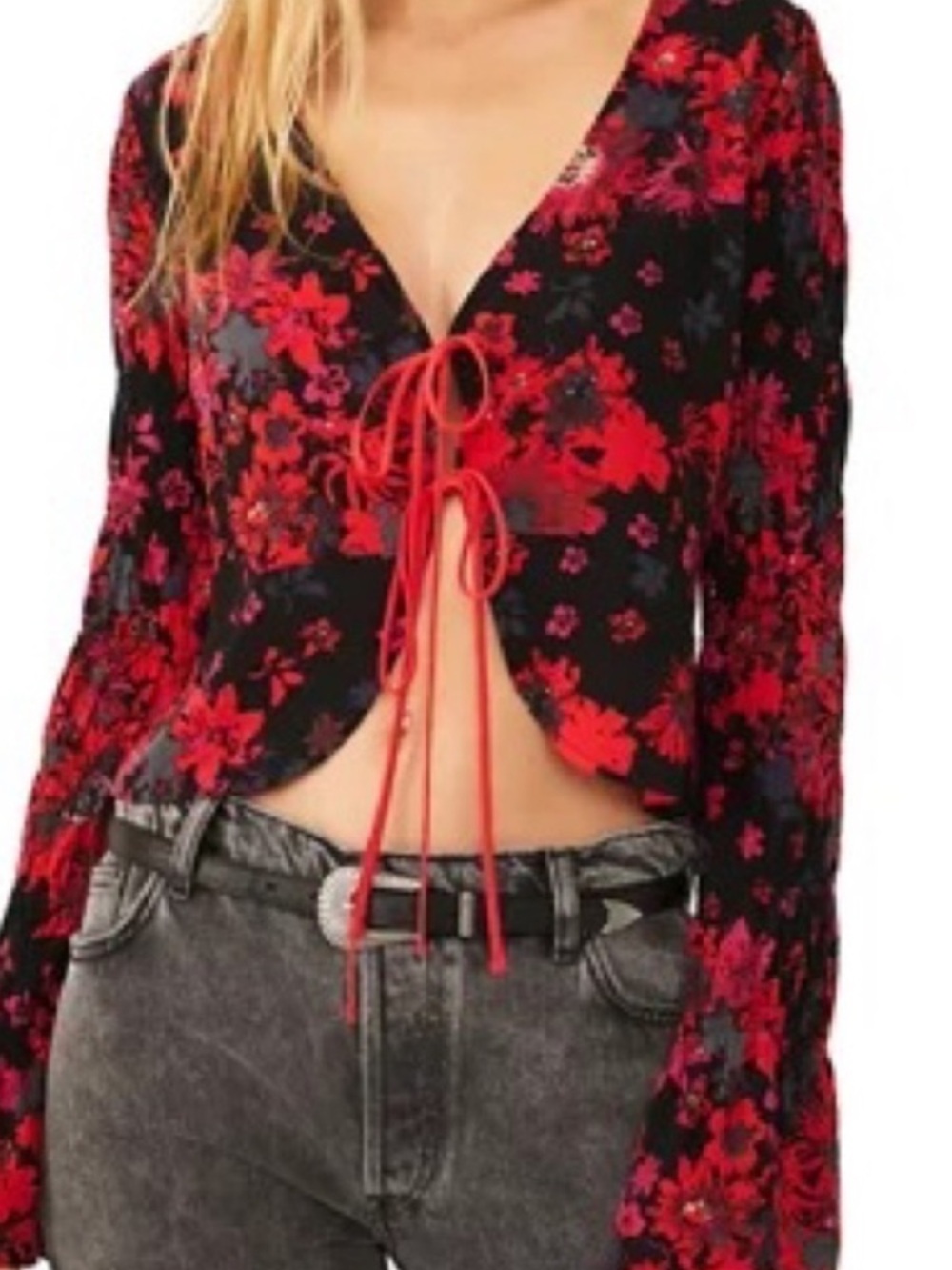 Free People Black Floral Venice Tie-Front Crop Blouse with Red Print Size XS